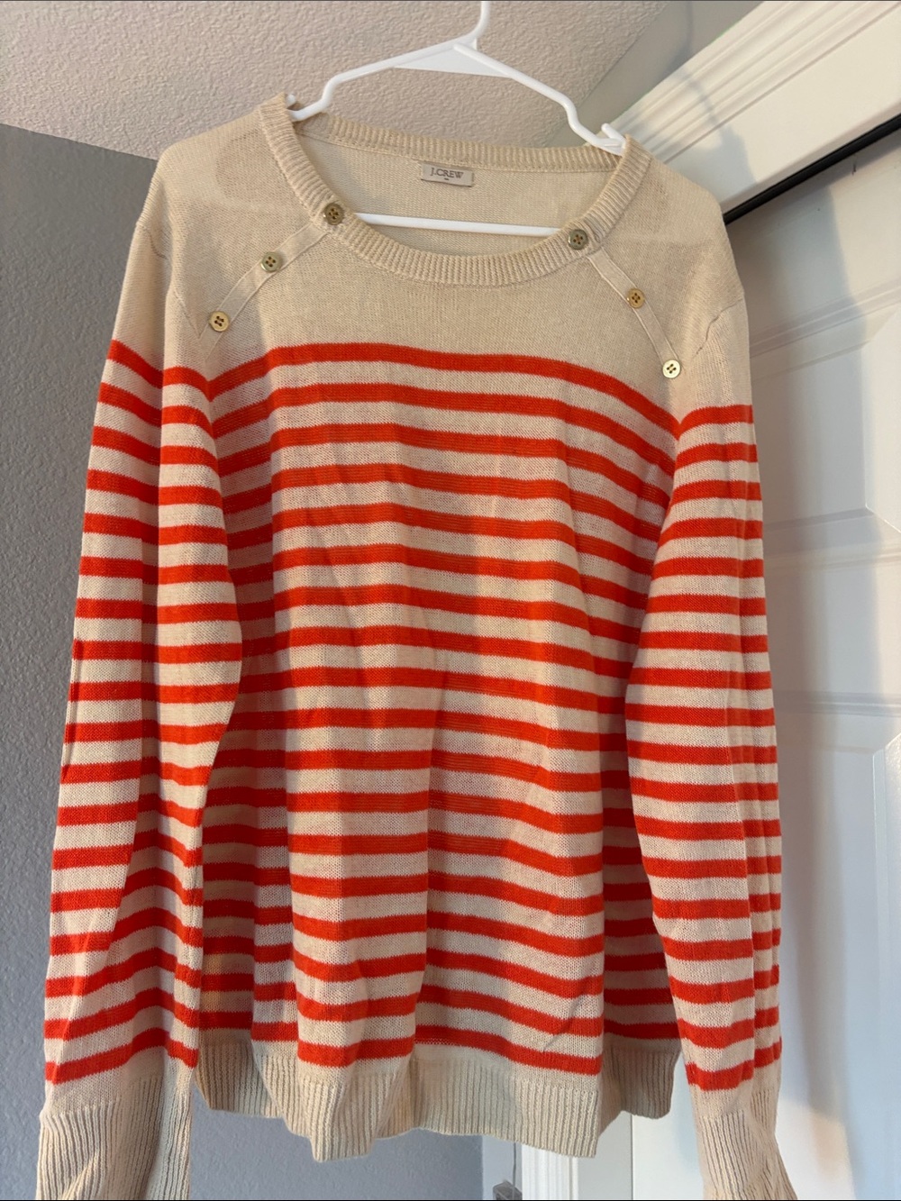 J. Crew Cream & Orange Striped Button-Shoulder Sweater